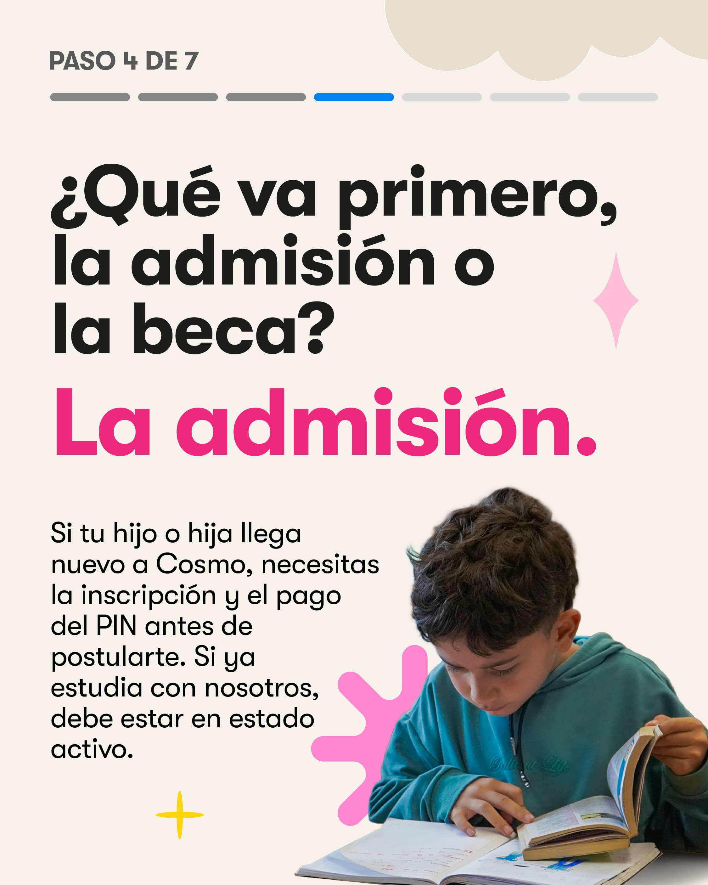 Paso 4 de 7. ¿Qué va primero, la admisión o la beca? La admisión. Si tu hijo o hija llega nuevo a Cosmo, necesitas la inscripción y el pago del PIN antes de postularte. Si ya estudia con nosotros, debe estar en estado activo.