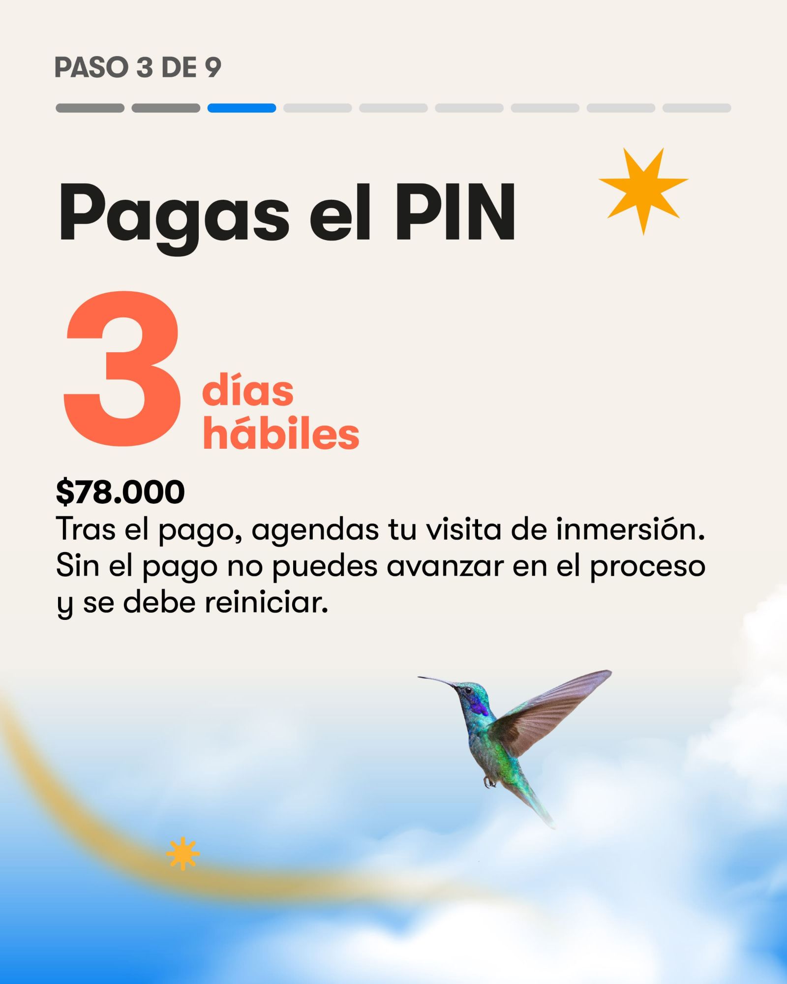 Paso 3 de 9. Pagas el PIN: 3 días hábiles, $78.000. Tras el pago, agendas tu visita de inmersión. Sin el pago no puedes avanzar en el proceso y se debe reiniciar.