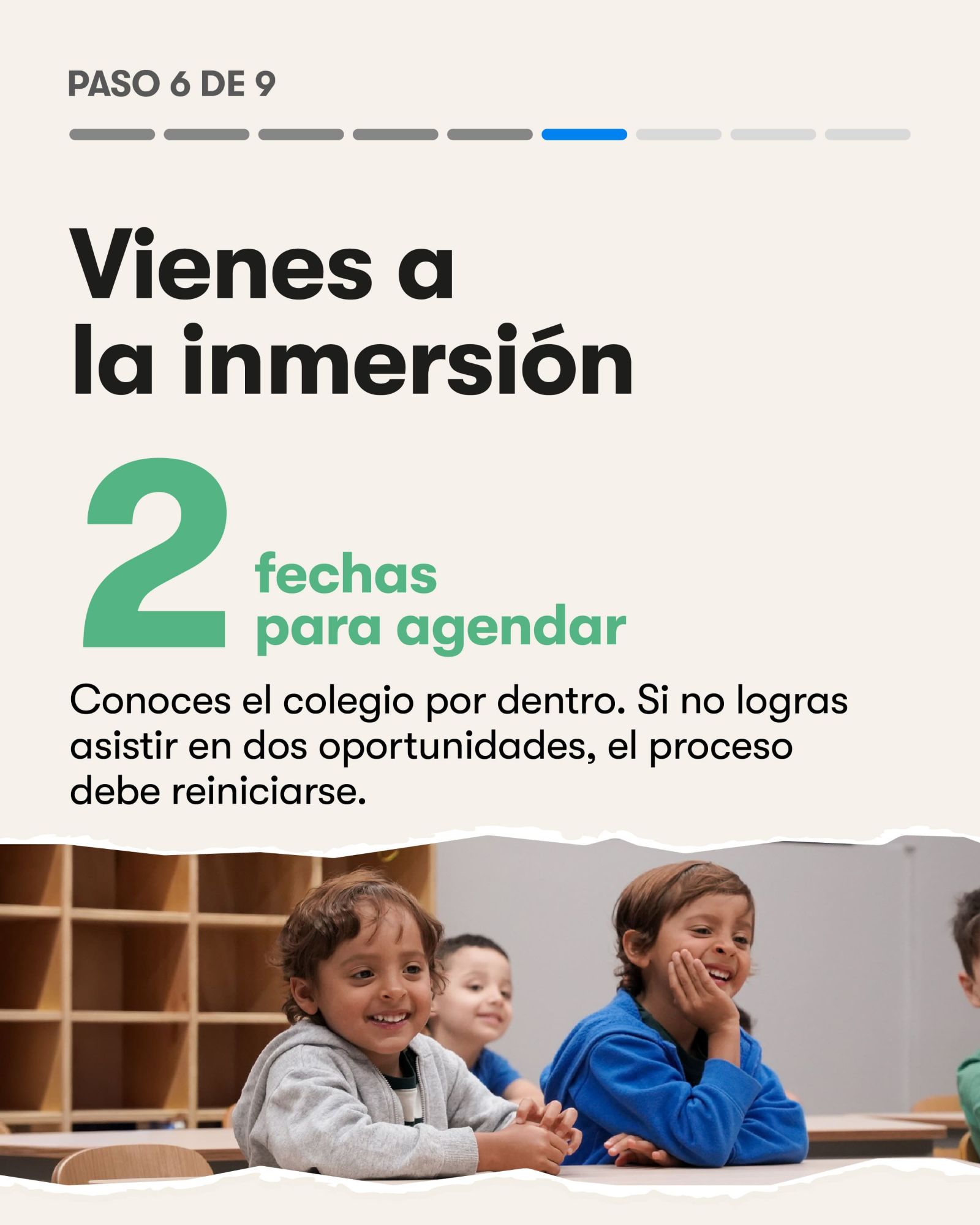 Paso 6 de 9. Vienes a la inmersión: 2 fechas para agendar. Conoces el colegio por dentro. Si no logras asistir en dos oportunidades, el proceso debe reiniciarse.