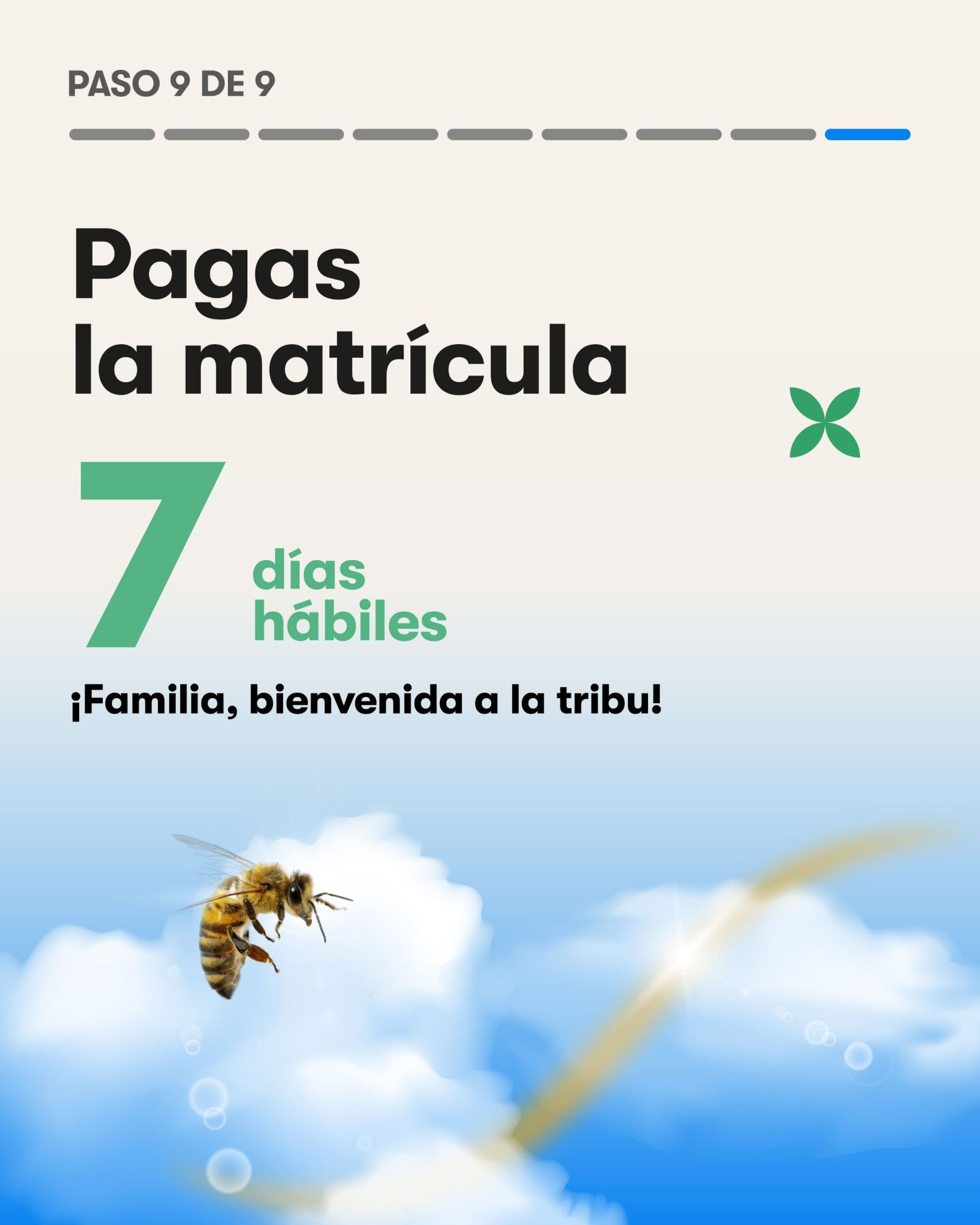 Paso 9 de 9. Pagas la matrícula: 7 días hábiles. ¡Familia, bienvenida a la tribu!
